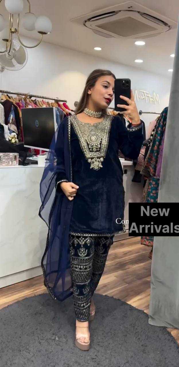 Embropidery Velvet Party Wear Black Suit